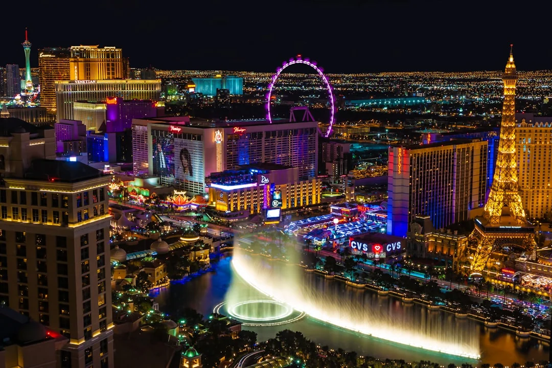 Las Vegas Strip and Bellagio fountains in Nevada at night Las Vegas Strip and Bellagio fountains in Nevada at night