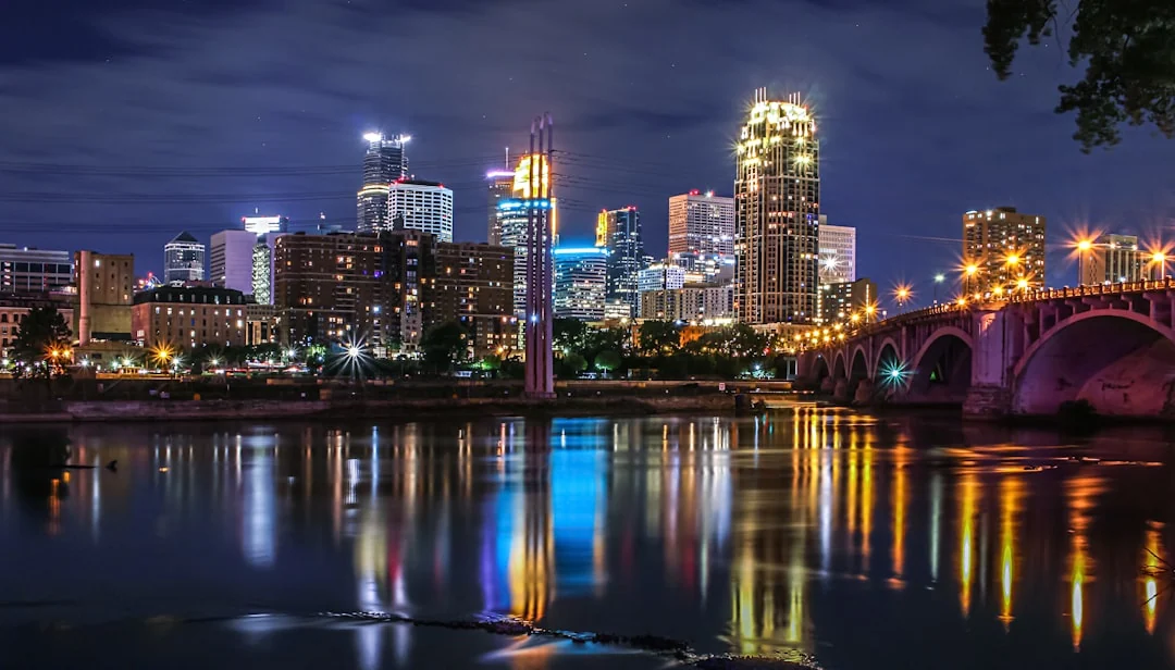 Minneapolis, Minnesota skyline reflected in the Mississippi River Minneapolis, Minnesota skyline reflected in the Mississippi River