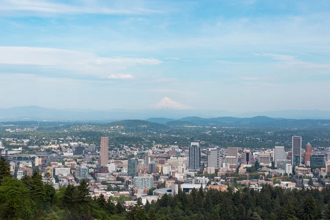 Portland, Oregon skyline with Mount Hood in the distance
