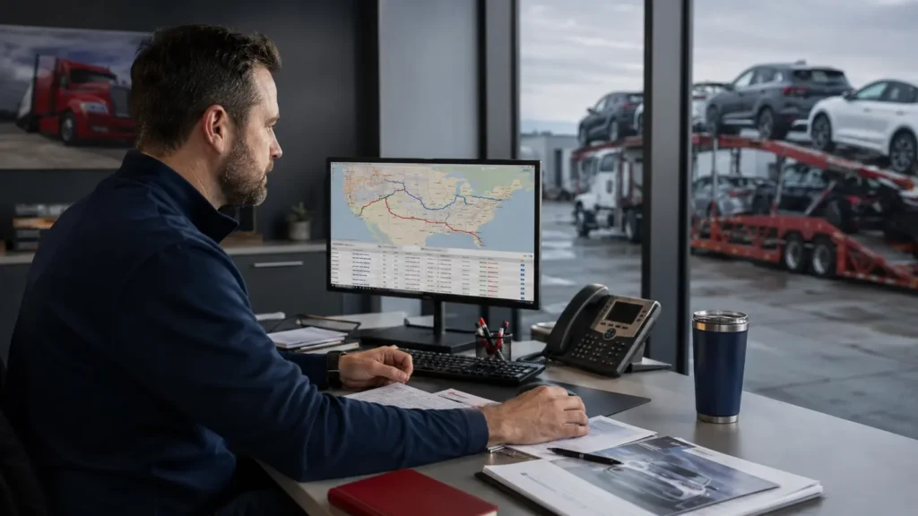 Auto transport broker coordinating a vehicle shipment