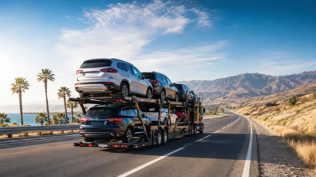 Open auto transport carrier moving vehicles from Florida to California