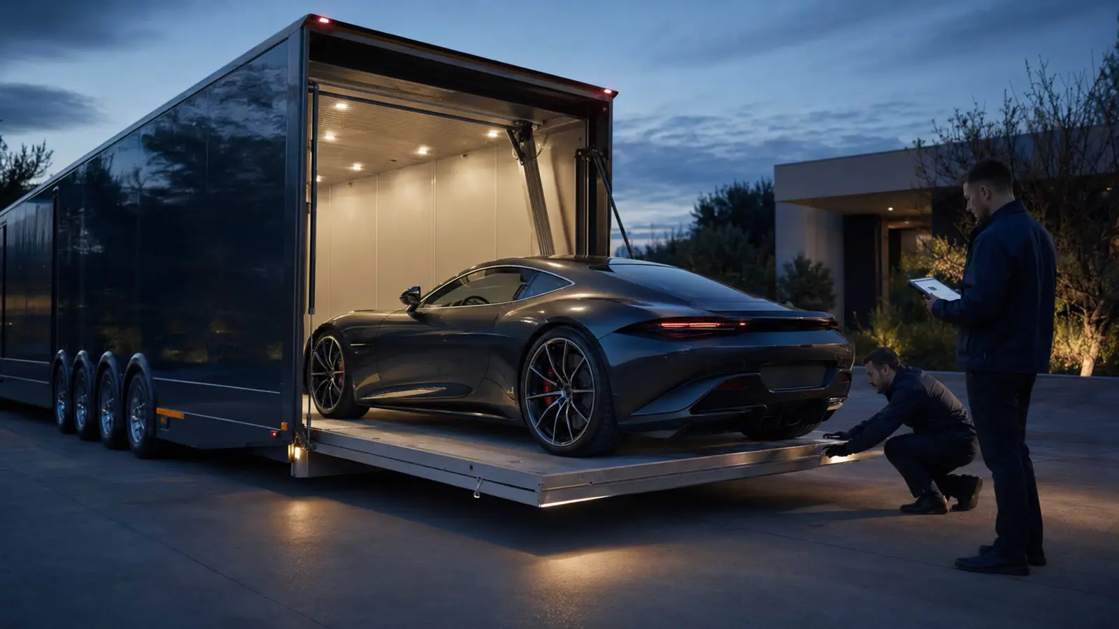 Low-clearance exotic car on a hydraulic lift gate for enclosed transport