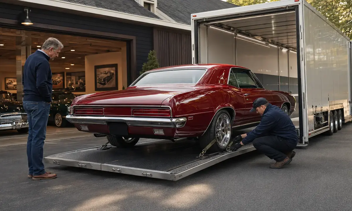 Real enclosed vehicle carrier loading a car for Connecticut to Ohio shipping Real enclosed vehicle carrier loading a car for Connecticut to Ohio shipping