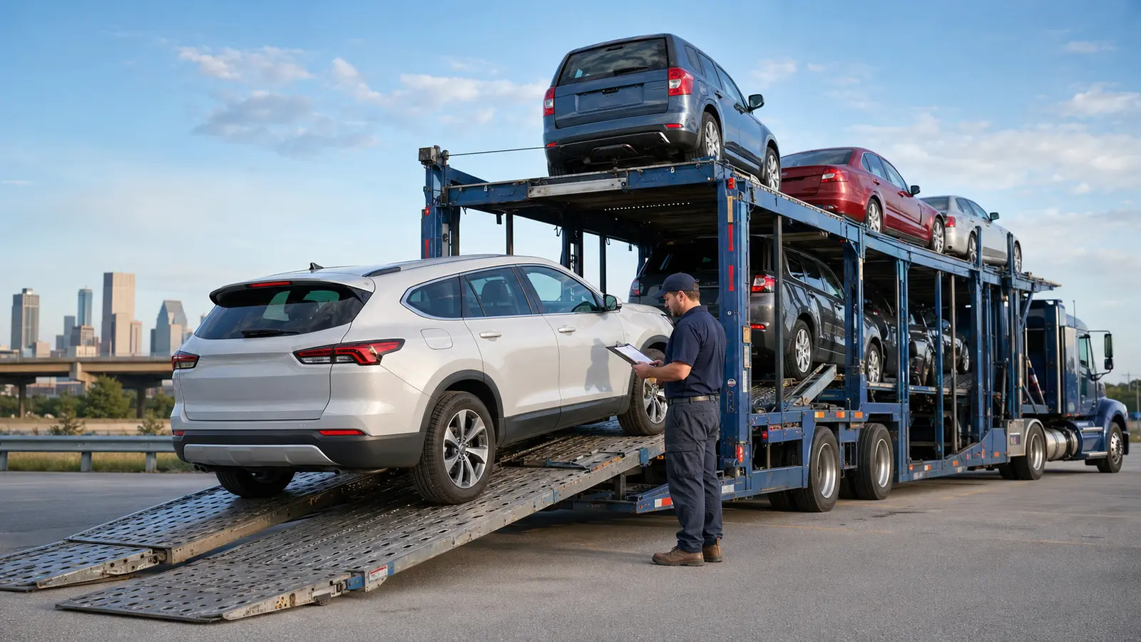 Professional carrier loading an SUV for state-to-state car shipping