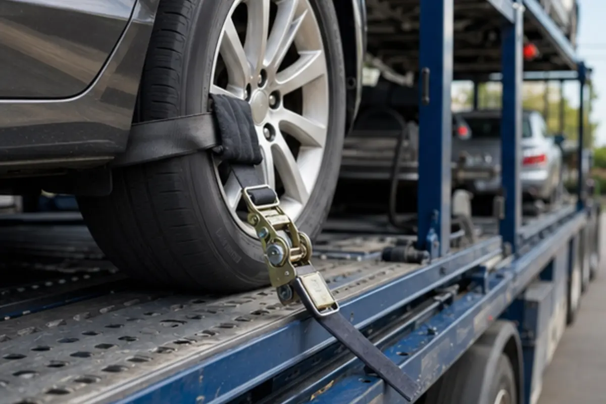 Auto carrier wheel restraint Professional wheel restraint used during dealership home delivery