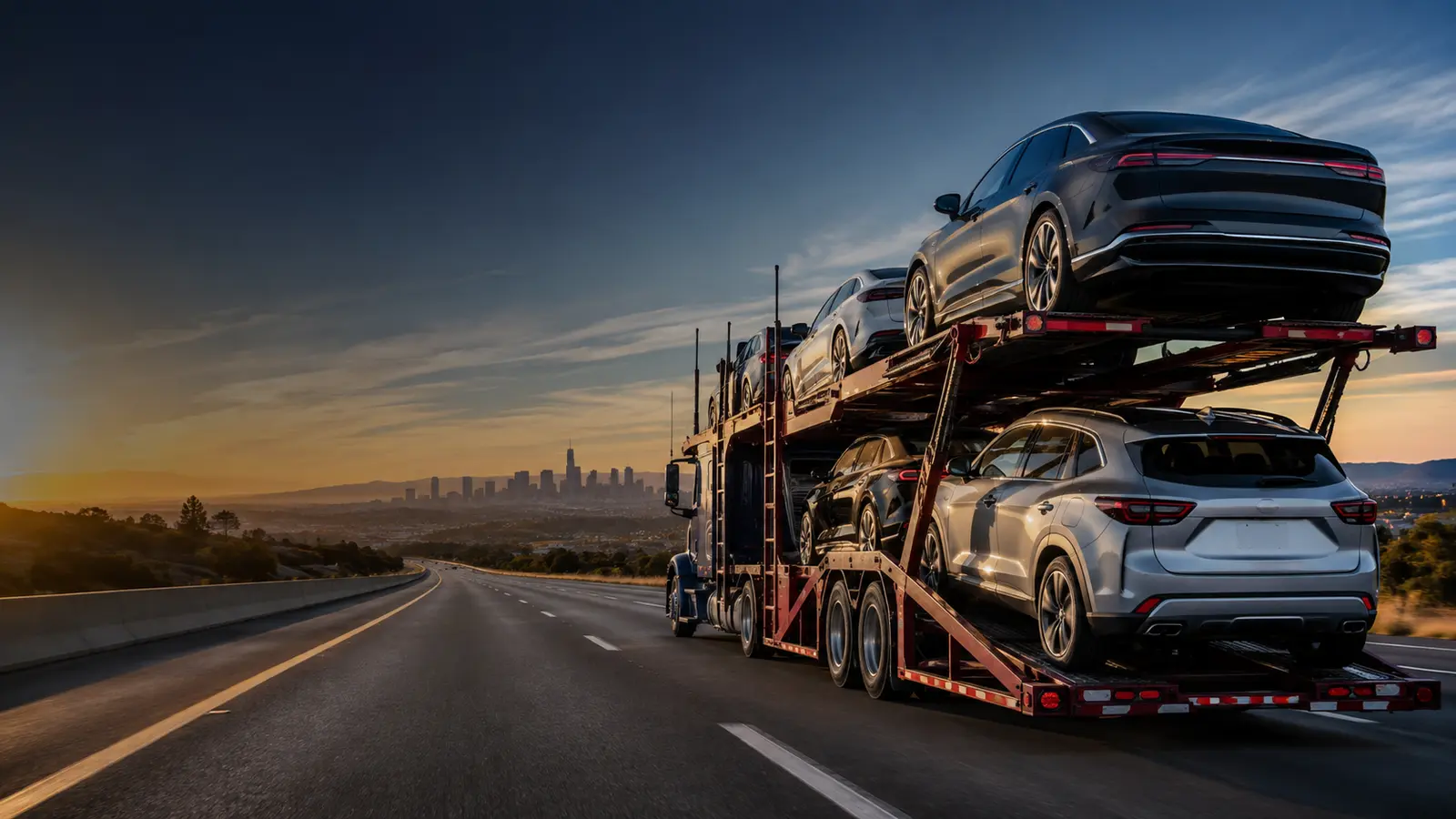 Loaded vehicle carrier on an interstate highway at sunset