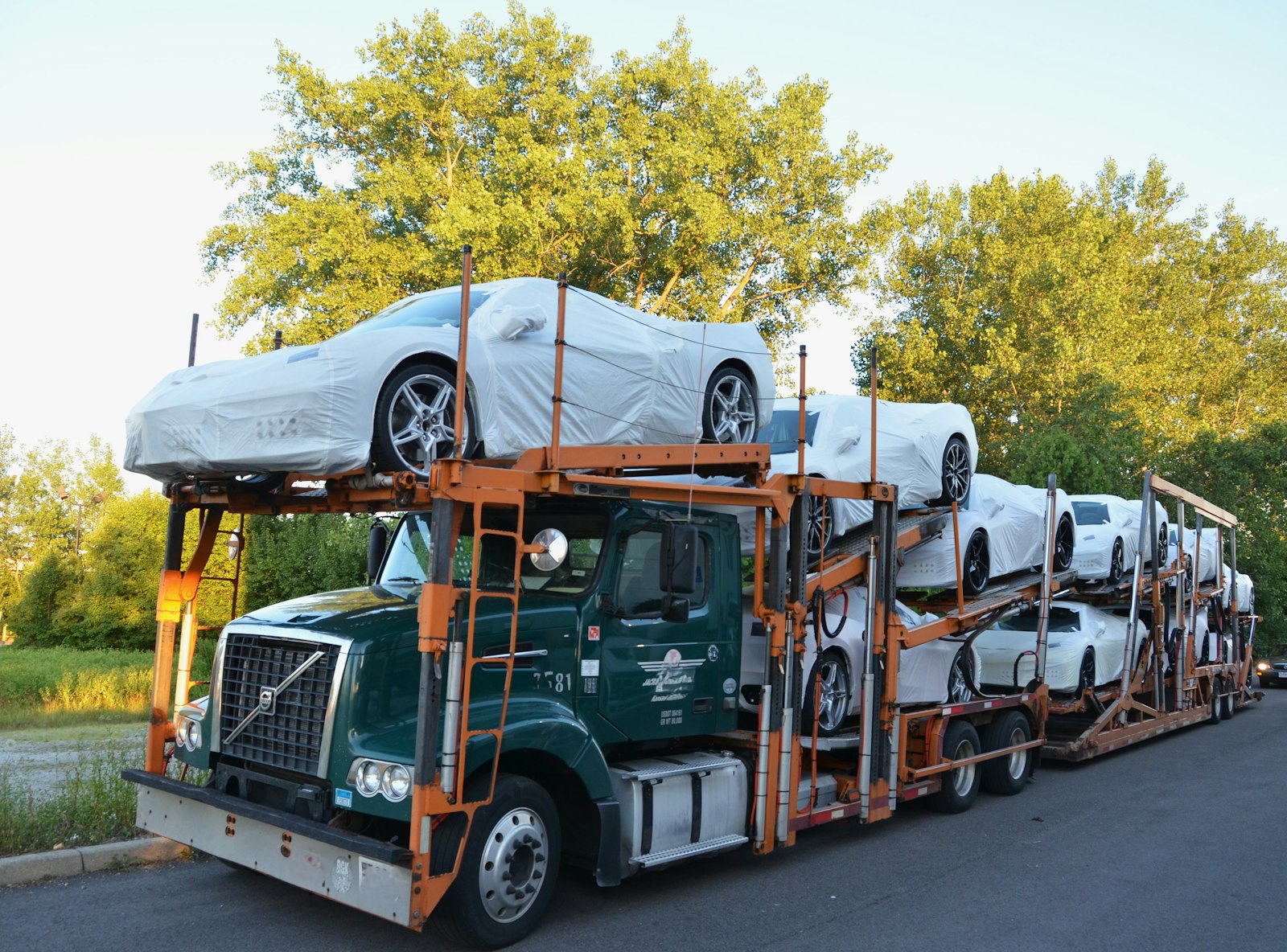 Car carrier truck delivering vehicles to a U.S. export port