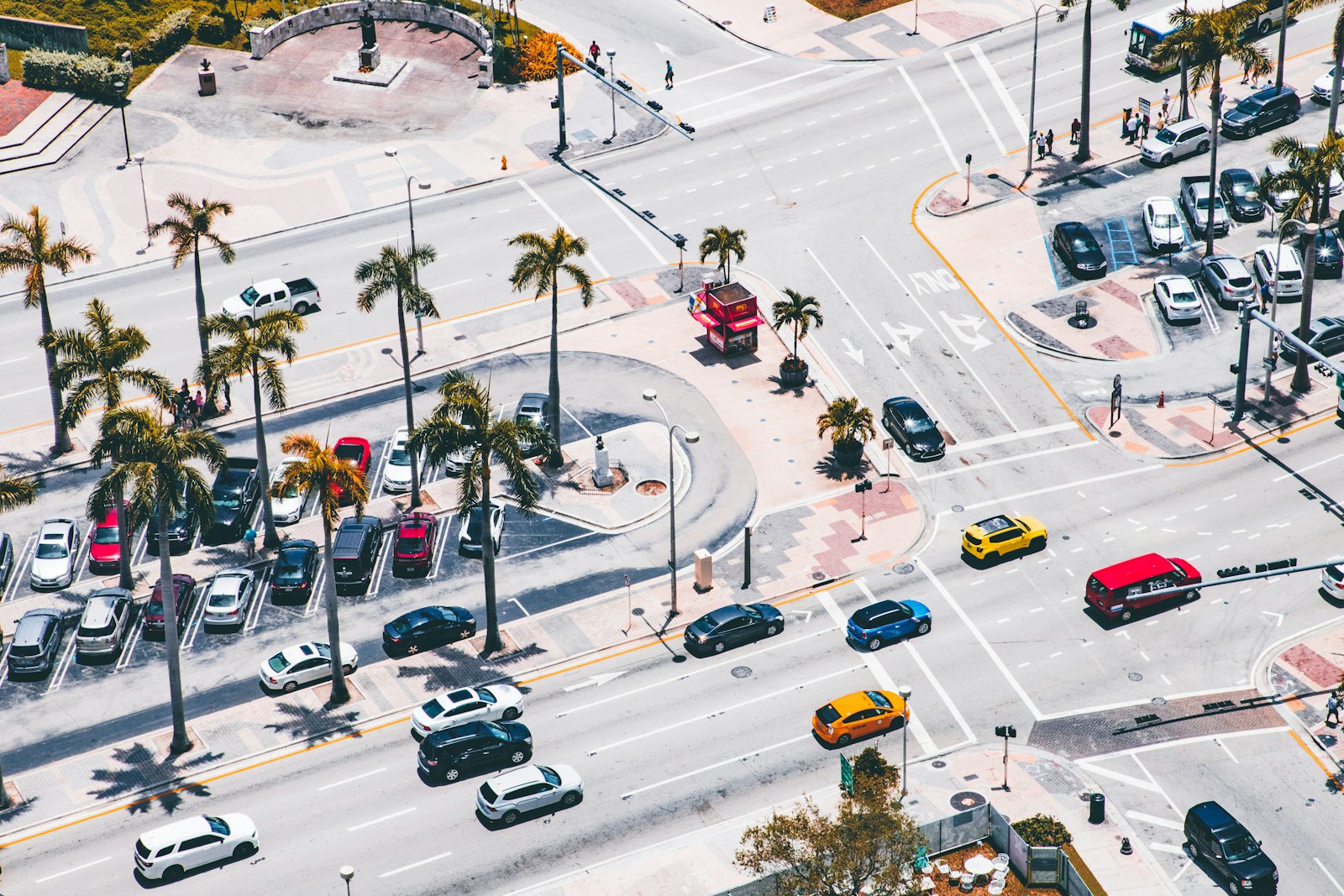 Traffic at a busy intersection in downtown Miami, Florida