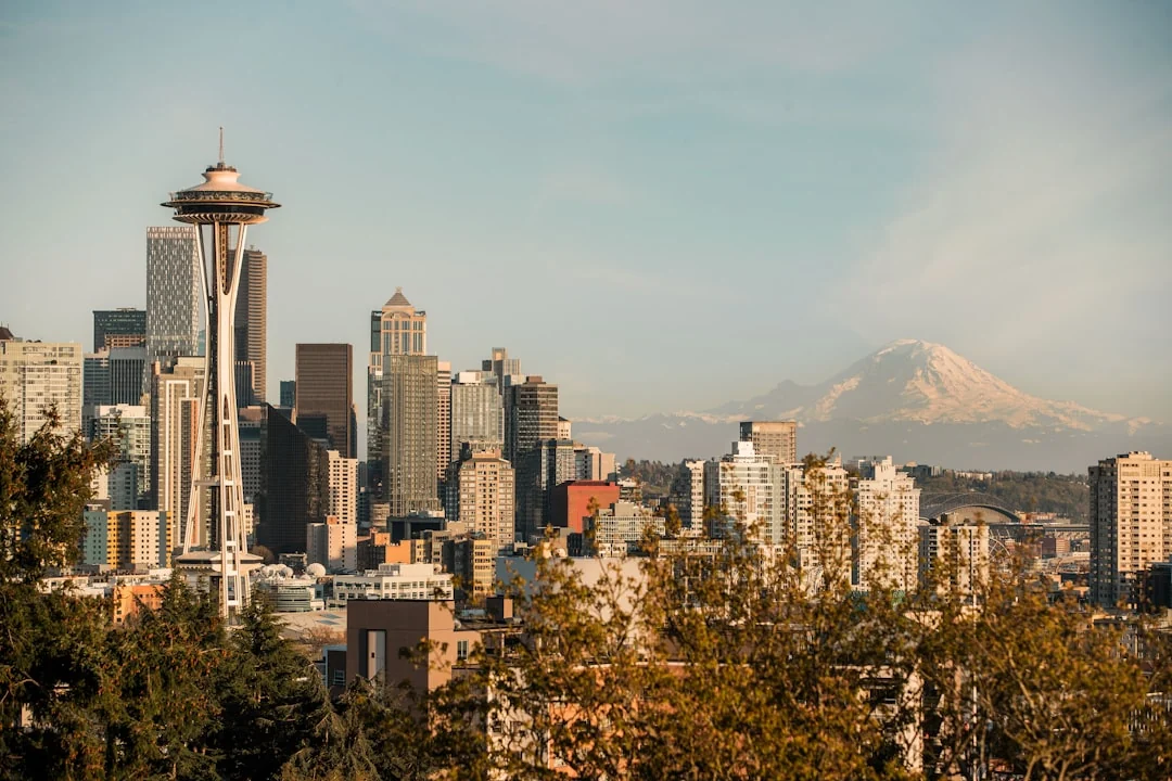 Seattle, Washington skyline with the Space Needle and Mount Rainier Seattle, Washington skyline with the Space Needle and Mount Rainier