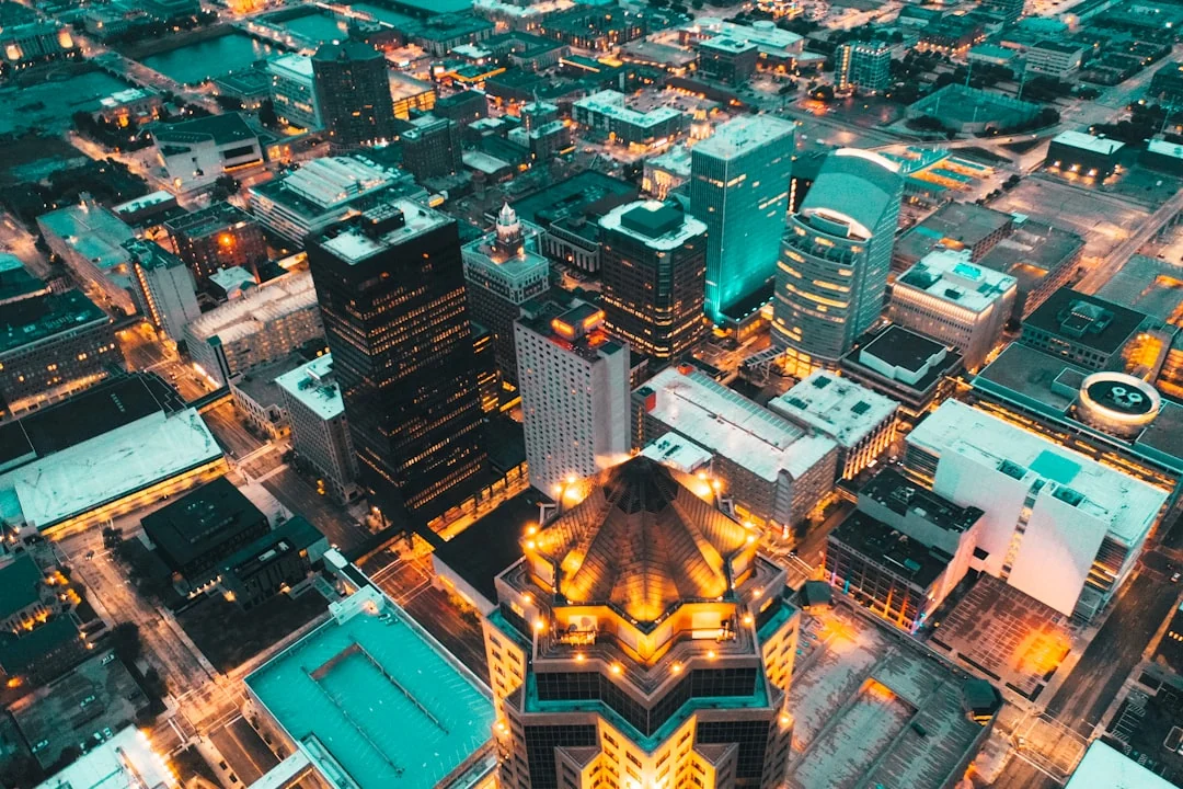 Downtown Des Moines, Iowa from above at dusk Downtown Des Moines, Iowa from above at dusk