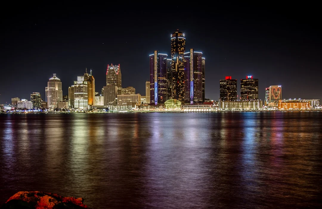 Detroit, Michigan skyline across the Detroit River Detroit, Michigan skyline across the Detroit River